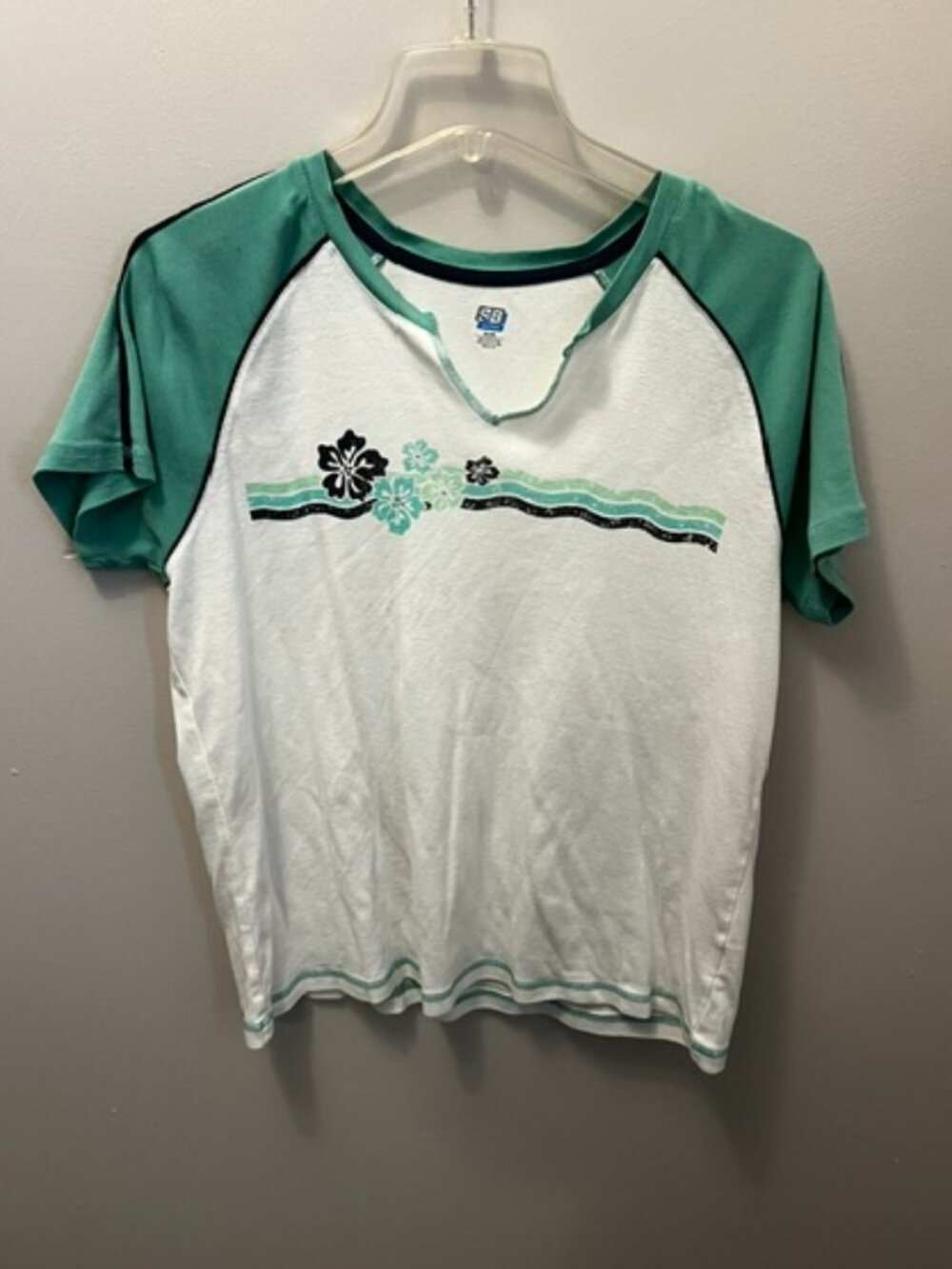 Women's SJB Active T Shirt, White, Floral Green accent, Size XL, V Neck,